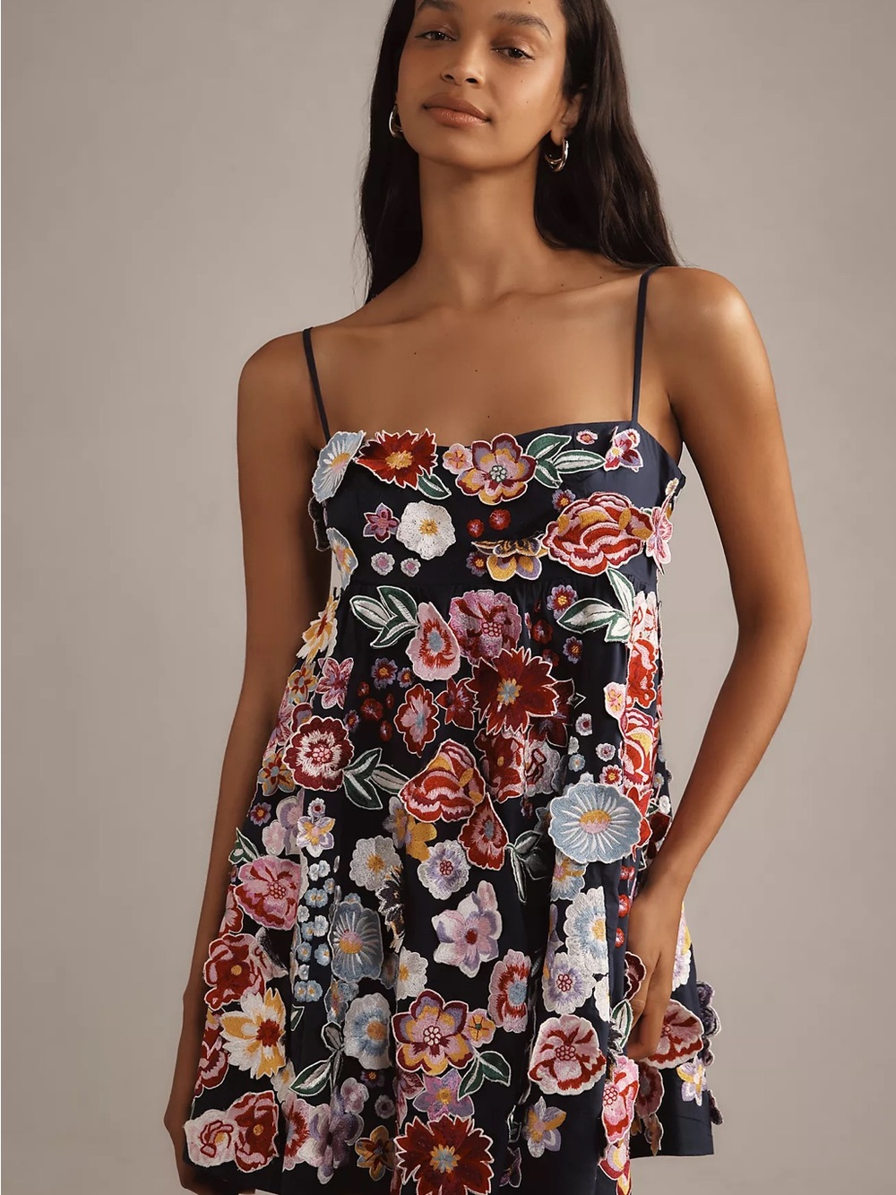 By Anthropologie Sleeveless 3D Floral Babydoll Mini Dress - small tear